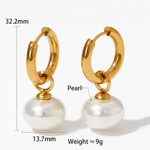 French vintage gold hoop earrings with white pearls, minimalist stainless steel jewelry