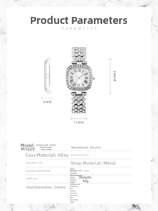 Detailed size chart and specifications for the square diamond women's silver metal watch