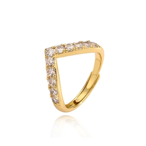 Detailed view of adjustable V-shaped gold ring with pavé-set round cubic zirconia stones