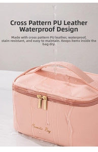 Waterproof pink crossgrain PU leather cosmetic bag with gold dual zipper testing under water
