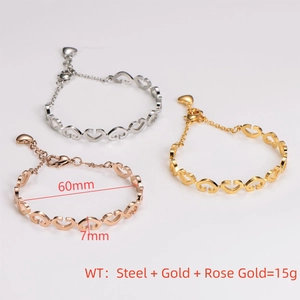Three-color stainless steel interlocking heart bangles in rose gold, gold and silver finishes