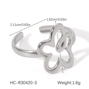 Detailed view of silver stainless steel adjustable ring featuring a hollow flower design