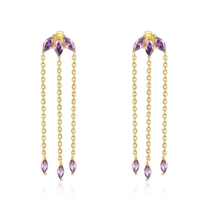 Detail shot of luxurious S925 silver tassel earrings with purple marquise cut crystals