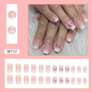 Pink and white gradient French press-on nails with 3D purple butterfly accents 24pcs set