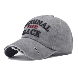 Vintage washed grey cotton baseball cap with embroidered text and distressed brim details