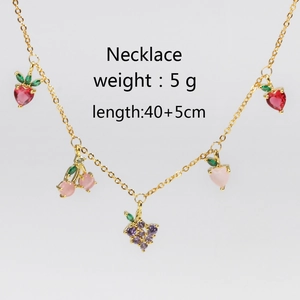 Golden fruit necklace with colorful zircon strawberry and cherry charms, 40+5cm length