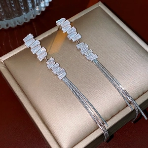 Silver square zircon tassel earrings with long snake chain fringe for women's evening wear