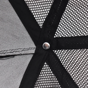 Close-up of a black cotton baseball cap showing 6-panel stitching and metal rivet detail