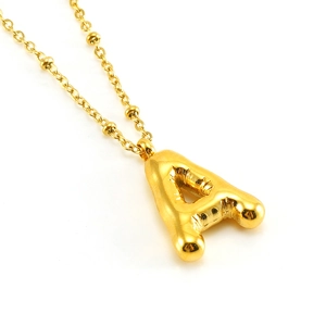 Golden 3D puffy balloon letter A necklace in polished stainless steel with bead chain