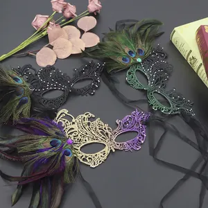 Elegant masquerade half face mask with lace, colorful feathers and rhinestone details