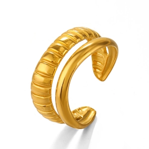 Minimalist double-layered gold open ring featuring a polished and textured spiral band