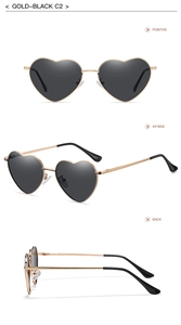 Detailed views of gold heart-shaped sunglasses with black lenses and spring hinges