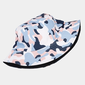 Fashionable reversible camo bucket hat in pink and blue for outdoor sun protection