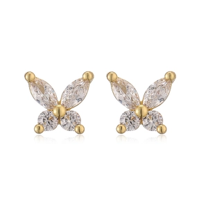 Detailed view of gold butterfly stud earrings with white marquise and round cubic zirconia