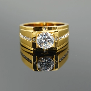 Classic gold men's titanium ring featuring a large round center diamond and side accents