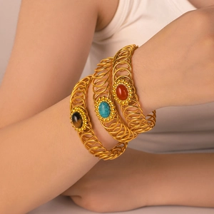 Luxury 18K gold plated stainless steel elastic bracelet set with natural stone inlay