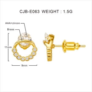 Detail view of small 11x9mm brass hoop earrings with AAA+ zircon inlay and gold plating