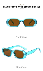 Detail of narrow rectangular sunglasses with transparent blue frame and brown lenses