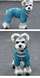 Detail view of pet raincoat with reflective safety strips and elastic cuffs on sleeves