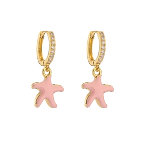 Detail of gold-plated starfish drop earrings with pink enamel and micro-pave zircons