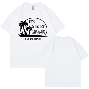 White crew neck retired shirt with palm tree print showing front and back views