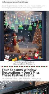 Close-up of static Christmas window stickers featuring Santa, snowmen, and festive reindeer