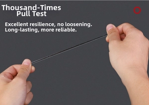 Close-up of black elastic cord showing high elasticity and resilience during a stretch test