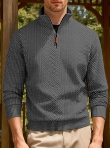 Detail of grey men's quarter-zip sweater featuring a textured diamond knit pattern