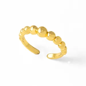 Minimalist gold-plated beaded open ring with polished round spheres for women