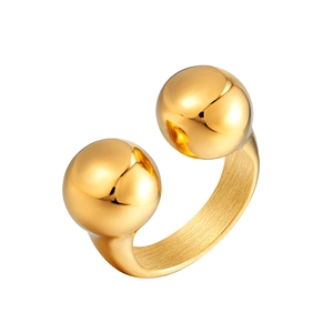 Poliertes Gold Edelstahl Ring offen mit zwei Kugeln und minimalistischem Spiegel-Finish