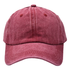 Front view of burgundy washed cotton baseball cap with vintage texture on white background