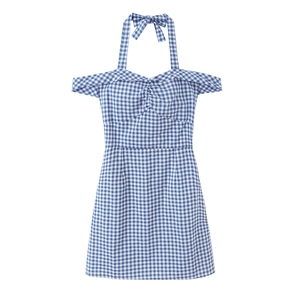 Gingham Neckholder Kleid Baumwolle Off Shoulder Bindeband Schlanke Passform A-Linie Sommer Freizeit Damen