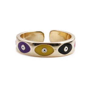 Gold plated open ring with colorful evil eye enamel patterns in purple and yellow