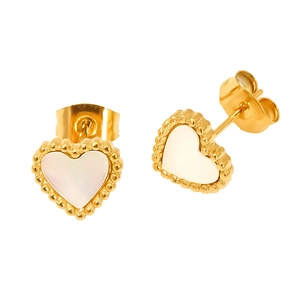 Orecchini a cuore in oro con intarsio in madreperla bianca e bordo con perline