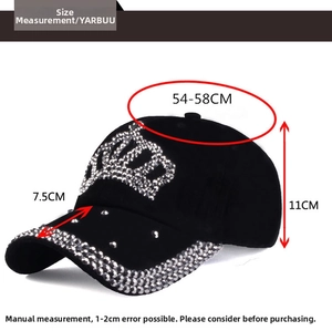 Detailed size guide for denim baseball cap with rhinestone crown and measurements