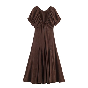 Women's dark brown short puff sleeve midi dress with chic back tie and pleated texture