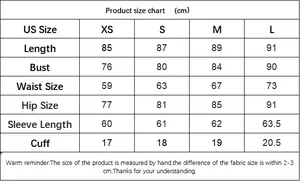 Detailed size chart for the elegant knit mini dress in centimeters for US sizes XS to L
