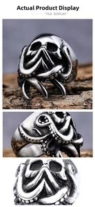 Detailed close-up showing the skull and octopus tentacle design of a men's steel ring