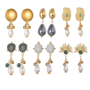 Vintage Stainless Steel Drop Dangle Earrings With Faux Artificial Pearl Rhinestone Gemstone For Women Retro Elegant Jewelry