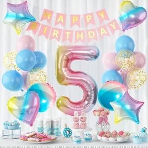 5th birthday party decoration set with gradient number balloon and pink banner