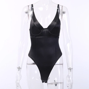 Front detail of black bodysuit featuring satin finish cups and thin spaghetti straps