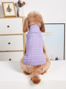 Detailed view of purple knitted pet sweater texture with classic collar for dogs and cats