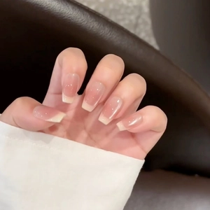 French Ombre Press On Nails Short Ballet Coffin Shape Pink Milk Yellow Blush Cat Eye False Nails With Glitter For Women