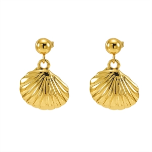 Chic golden shell-shaped stainless steel stud earrings for women on white background