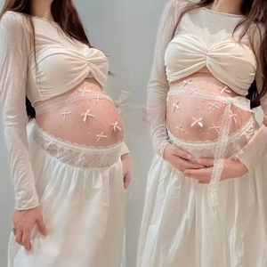 Vêtements Photographie Maternité Haut Dentelle Épaules Dénudées Et Jupe Longue Noeud Décoration Ventre Pour Femmes Enceintes Portrait Studio