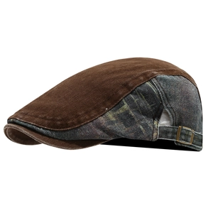 Vintage cotton flat cap with brown canvas and camouflage denim patchwork design