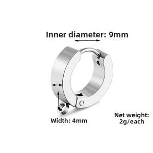 Macro detail of 9mm inner diameter silver stainless steel hoop earring with small charm loop