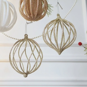 Champagne glitter hollow Christmas ornaments in ball and teardrop shapes with hanging strings