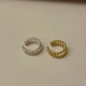 Minimalist double-layer beaded ear cuffs in gold and silver finishes for non-pierced ears