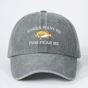 Vintage grey washed cotton baseball cap with Fish Fear Me embroidery for outdoors